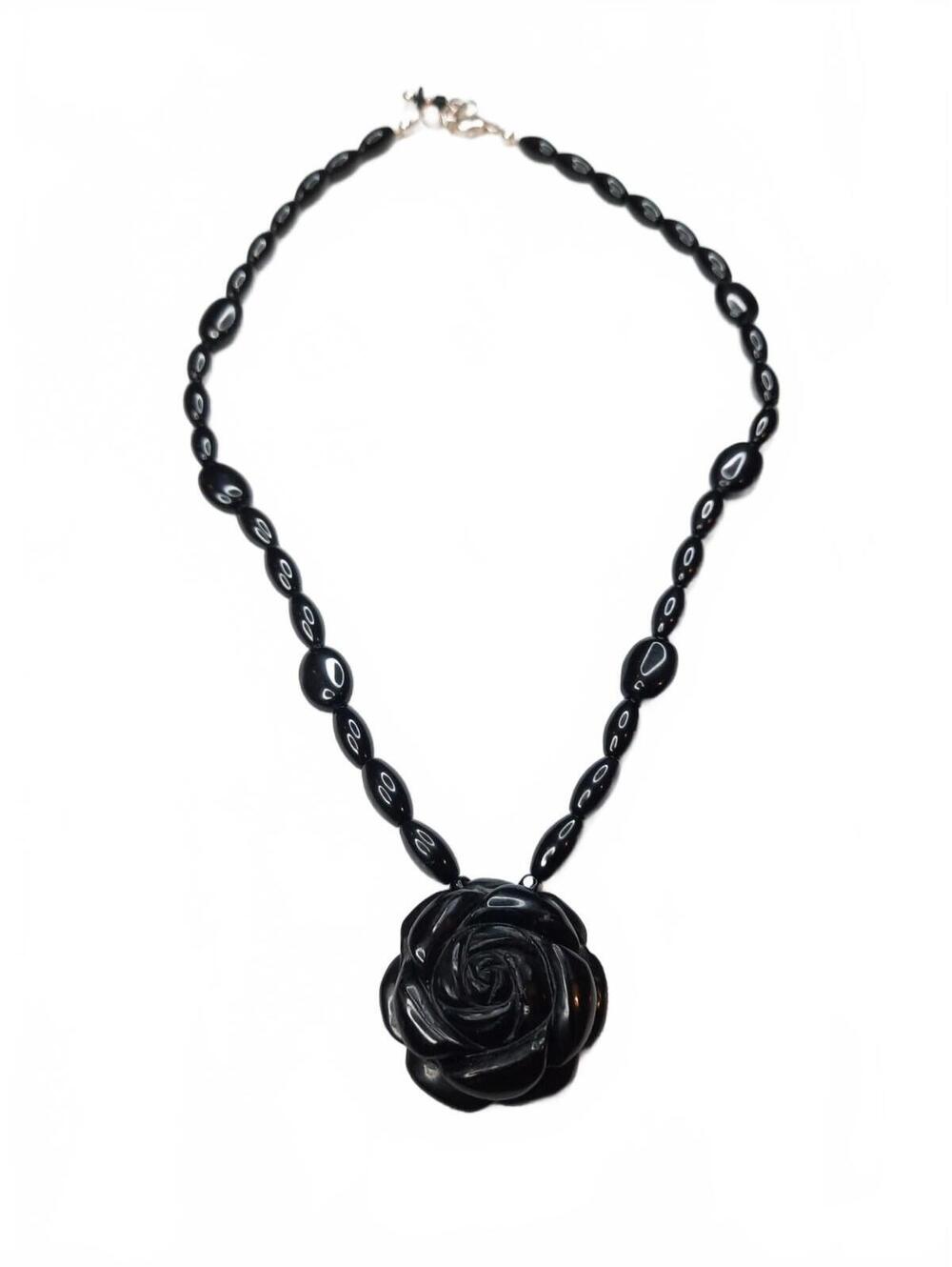 Vintage 925 / Sterling Silver Black Bead Necklace & Black Rose Pendant 20.5"